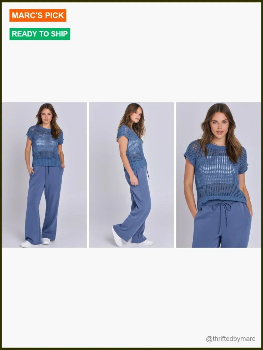 Crochet Sheer Knit Sweater Top Wide Leg Pants Lounge Matching Set
